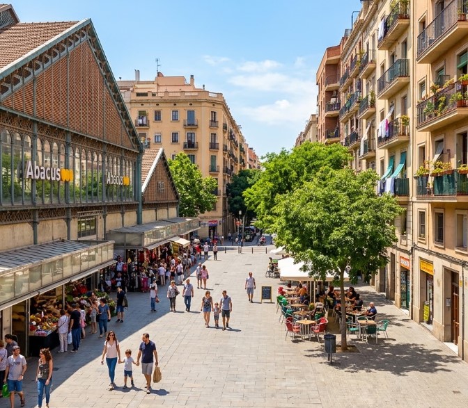 Vistas de las calles comerciales, la arquitectura del mercado y la vida vecinal en Hostafrancs, Barcelona